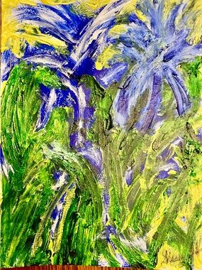 Abstract Floral Home Art Original Acrylic in Blue, Green and Yellow